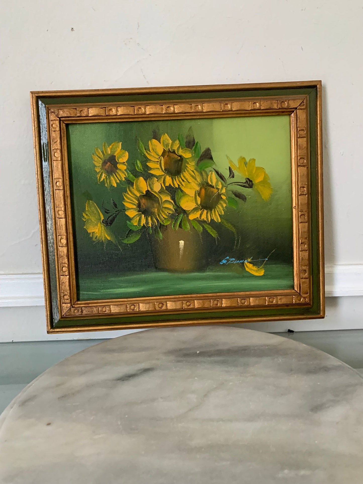 Vintage Small Sunflower Painting in Solid Wood Frame