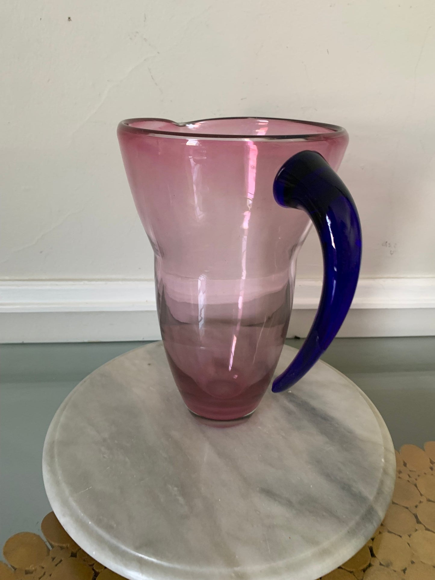 Handmade Clear Pink Glass Pitcher with Cobalt Blue Handle