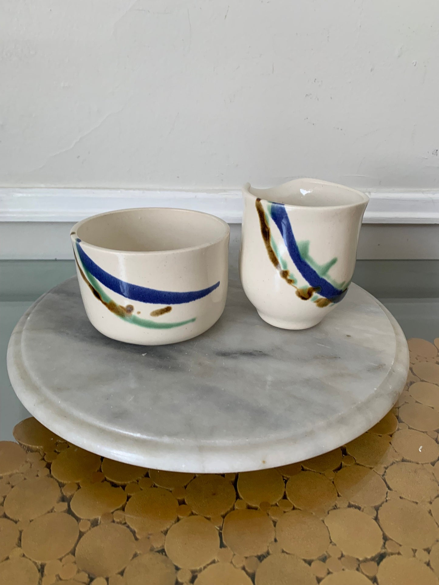 Handmade  Cream Pottery with Jade and Cobalt Stripe Cream and Sugar Set