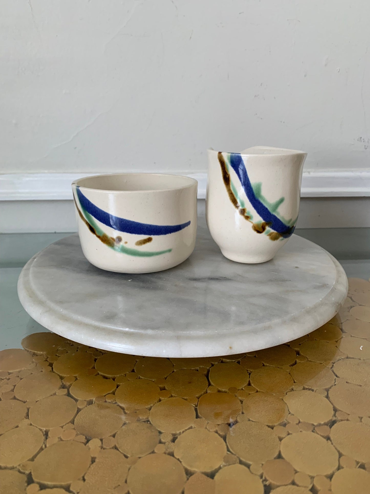 Handmade  Cream Pottery with Jade and Cobalt Stripe Cream and Sugar Set