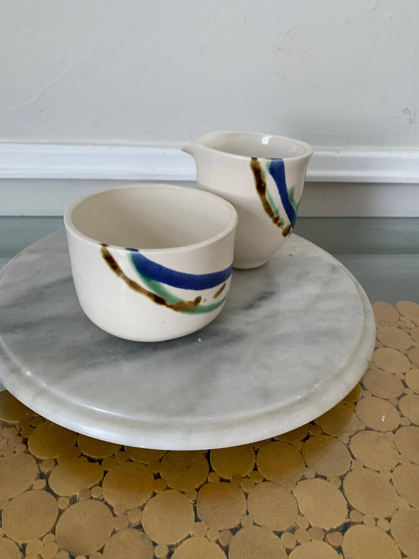 Handmade  Cream Pottery with Jade and Cobalt Stripe Cream and Sugar Set