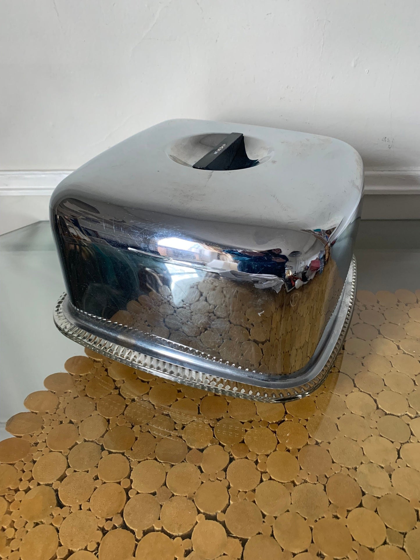 Vintage 1960s Square Chrome Cake Holder with Thick Glass Plate