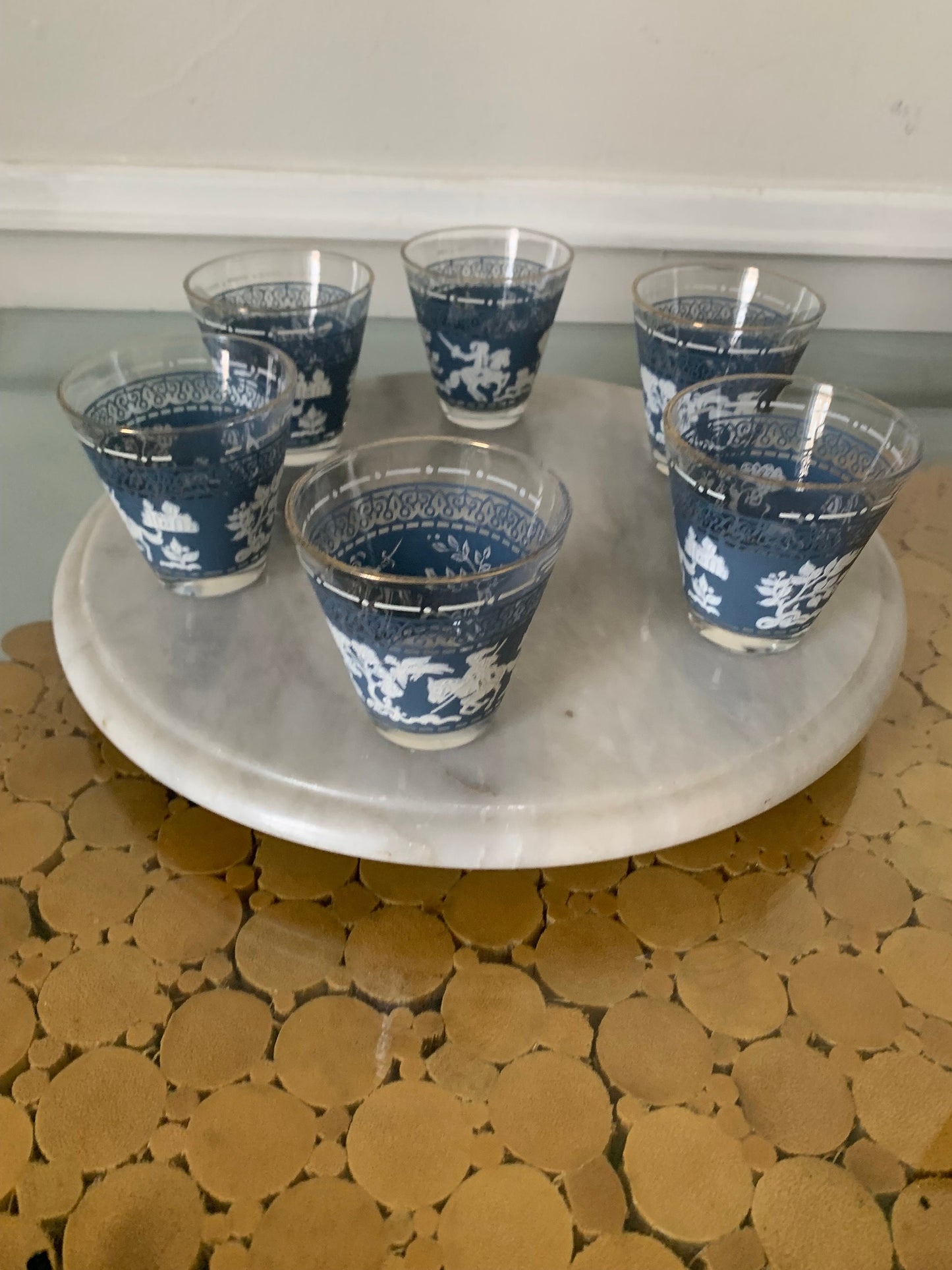 Vintage Set of 6 Hazel Atlas Arabian Knights on Horses Wedgewood Blue Juice Tumblers