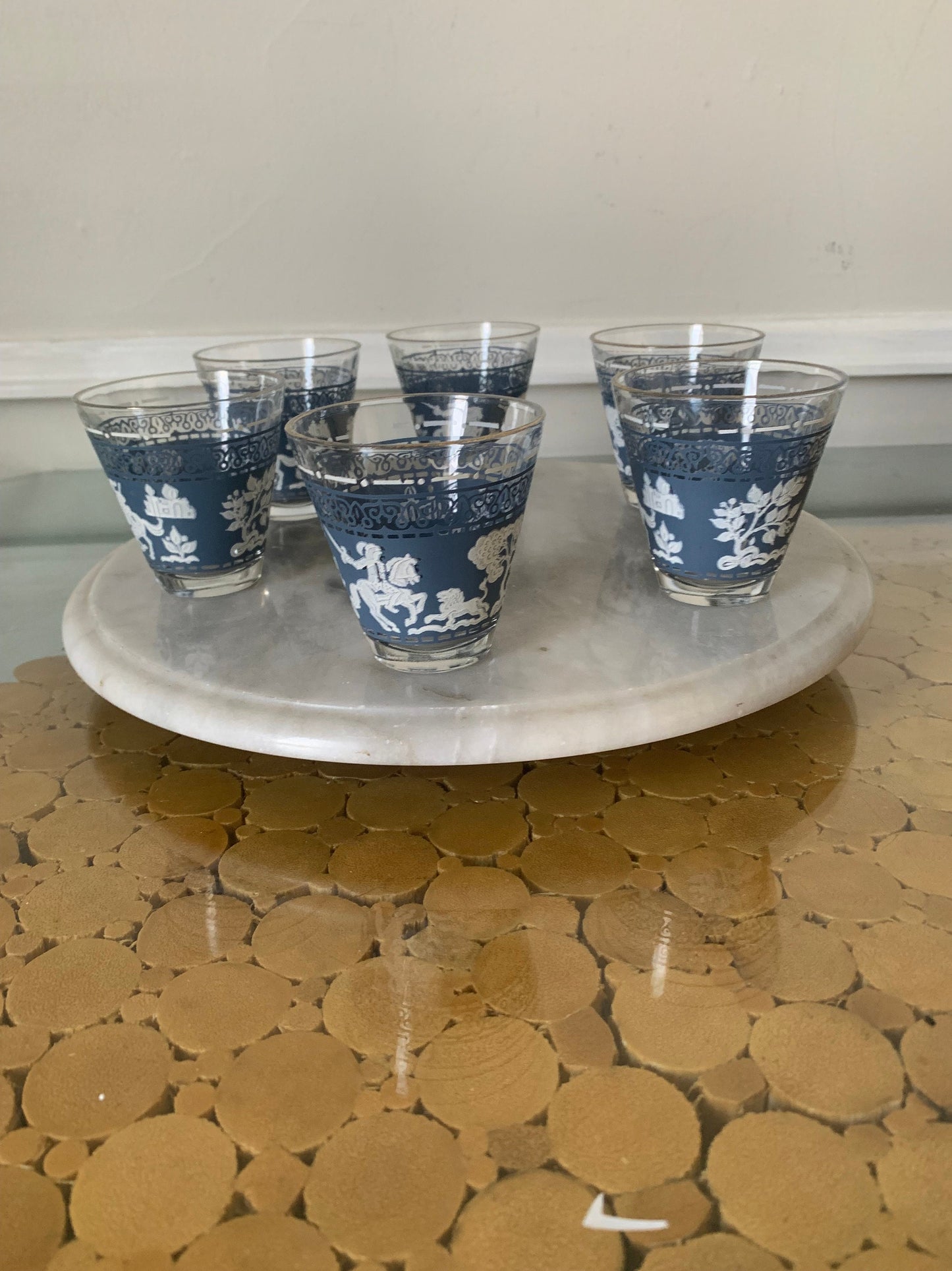 Vintage Set of 6 Hazel Atlas Arabian Knights on Horses Wedgewood Blue Juice Tumblers