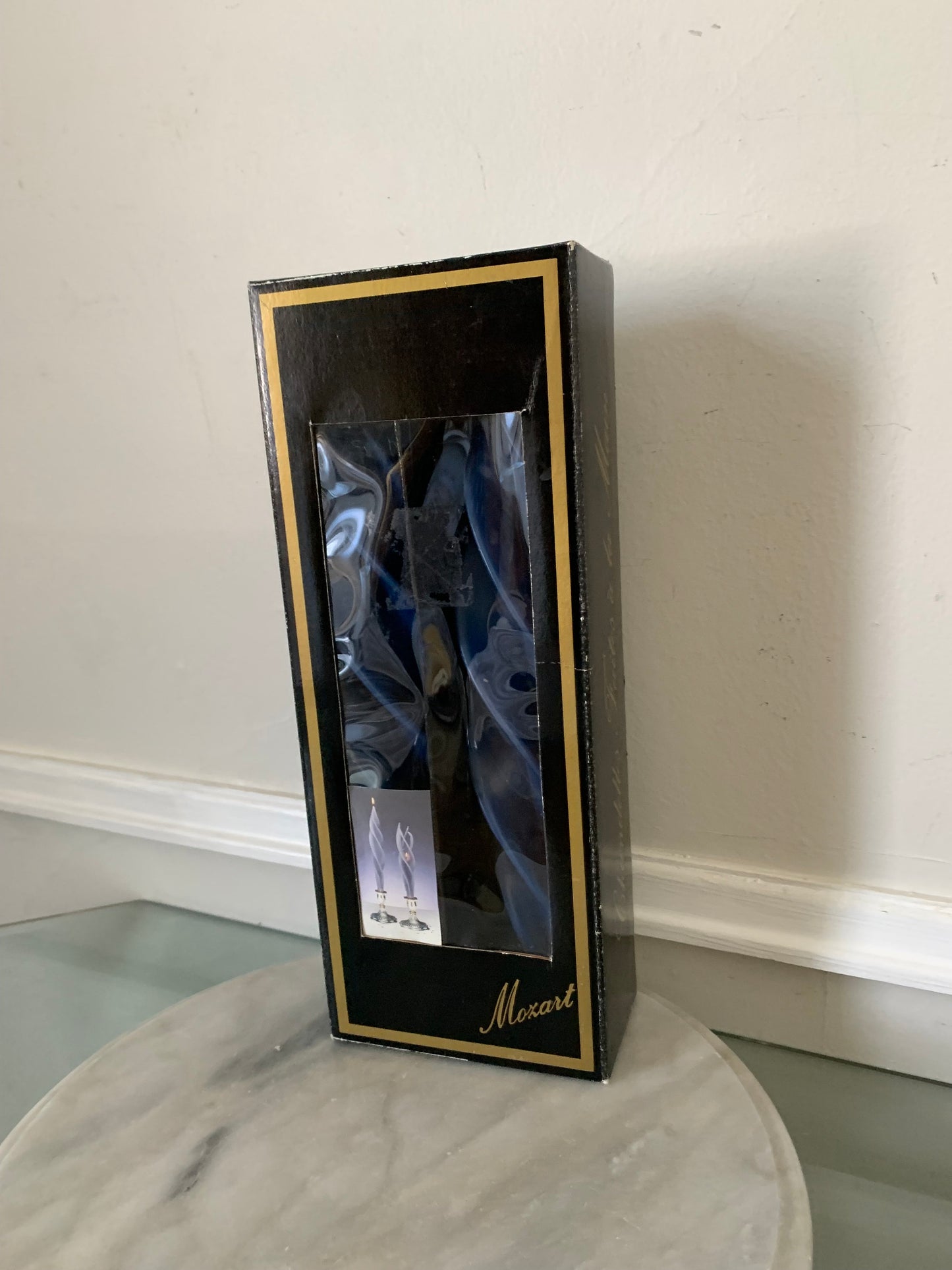 Pair of Large Blue Retro Handmade  Mozart Swirl Candles by Montanna in Original Box