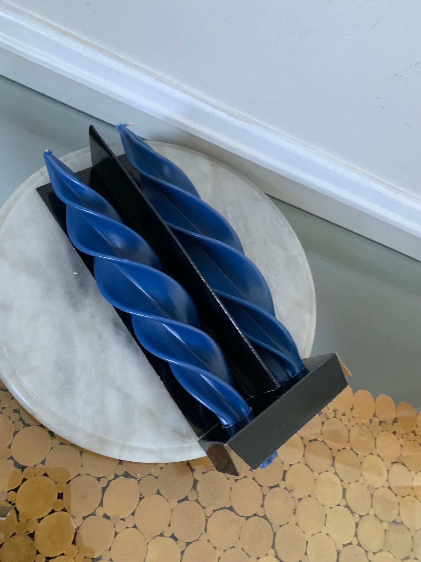 Pair of Large Blue Retro Handmade  Mozart Swirl Candles by Montanna in Original Box