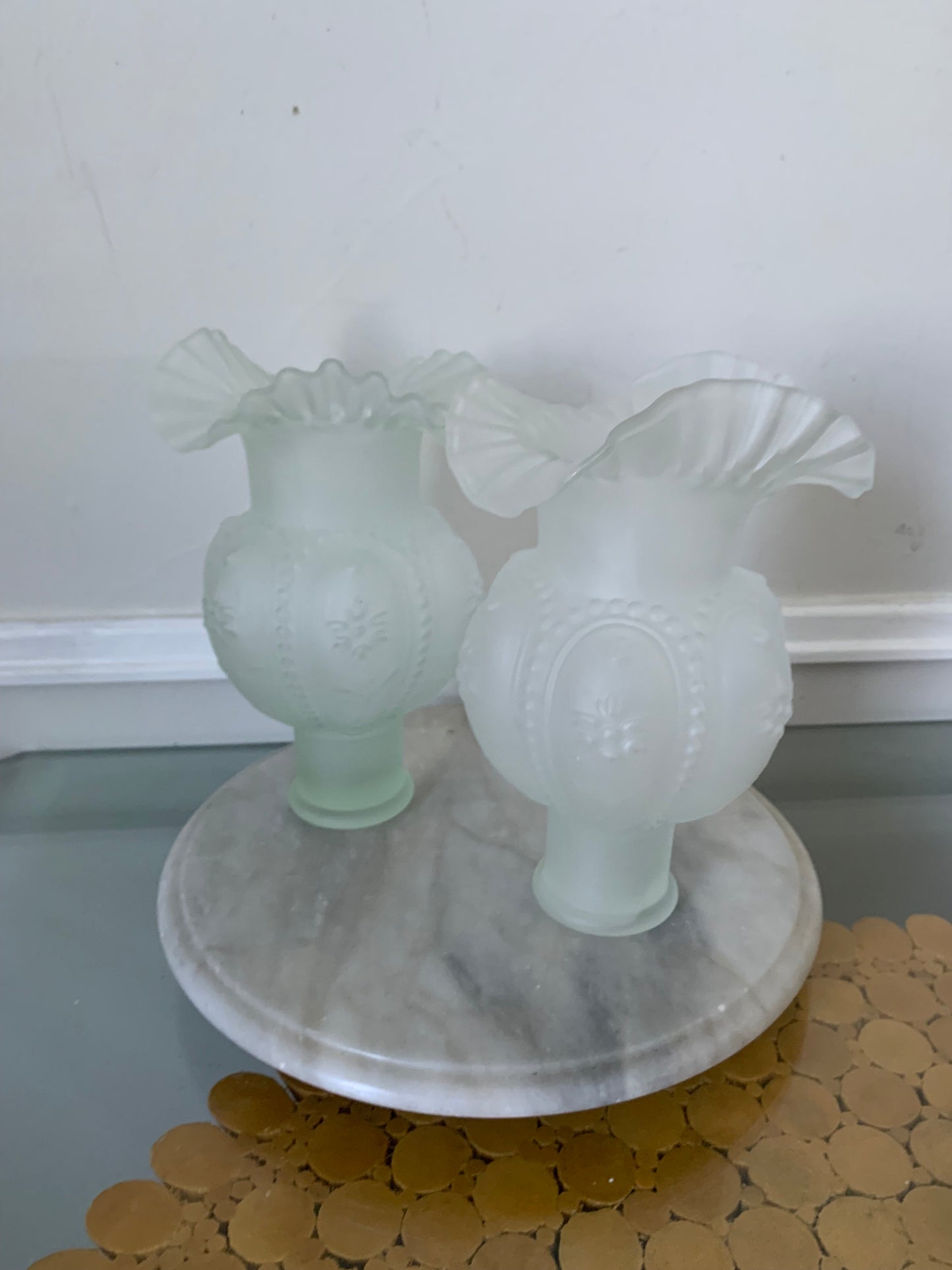 Pair of Vintage Clear Frosted Satin Glass Frilled Vases