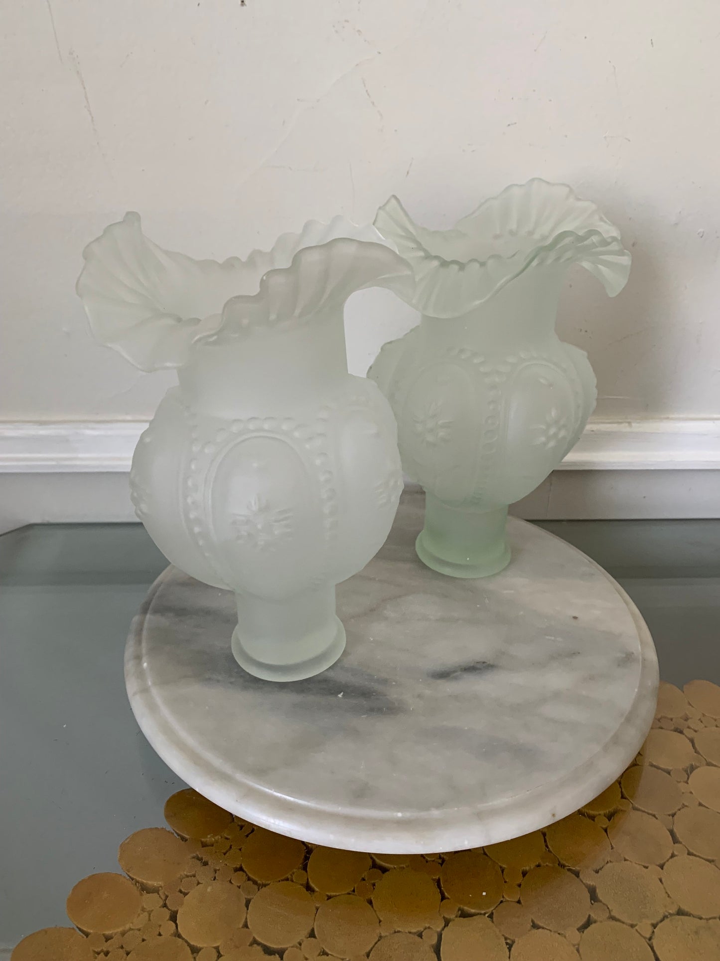 Pair of Vintage Clear Frosted Satin Glass Frilled Vases