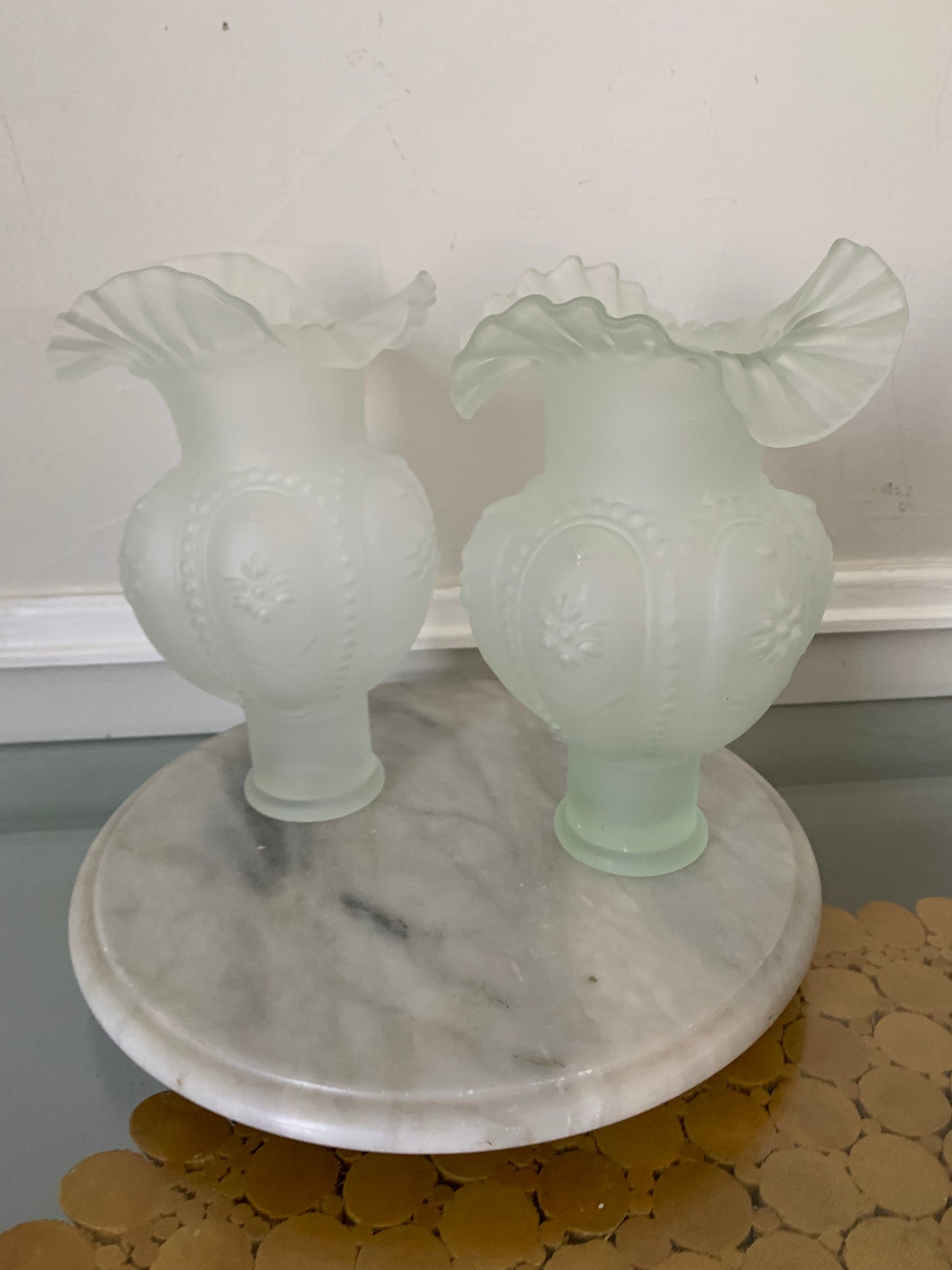 Pair of Vintage Clear Frosted Satin Glass Frilled Vases