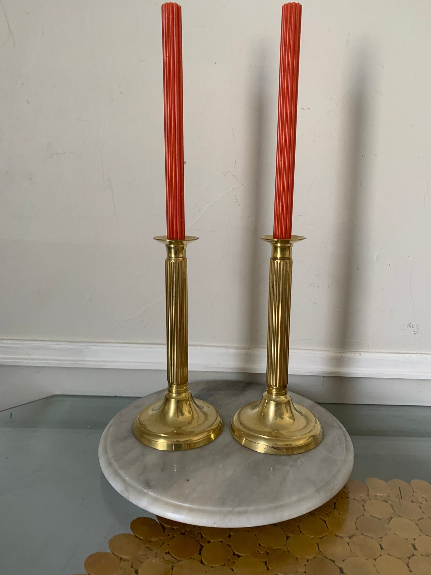 Pair of Retro Brass Column Candle Holders