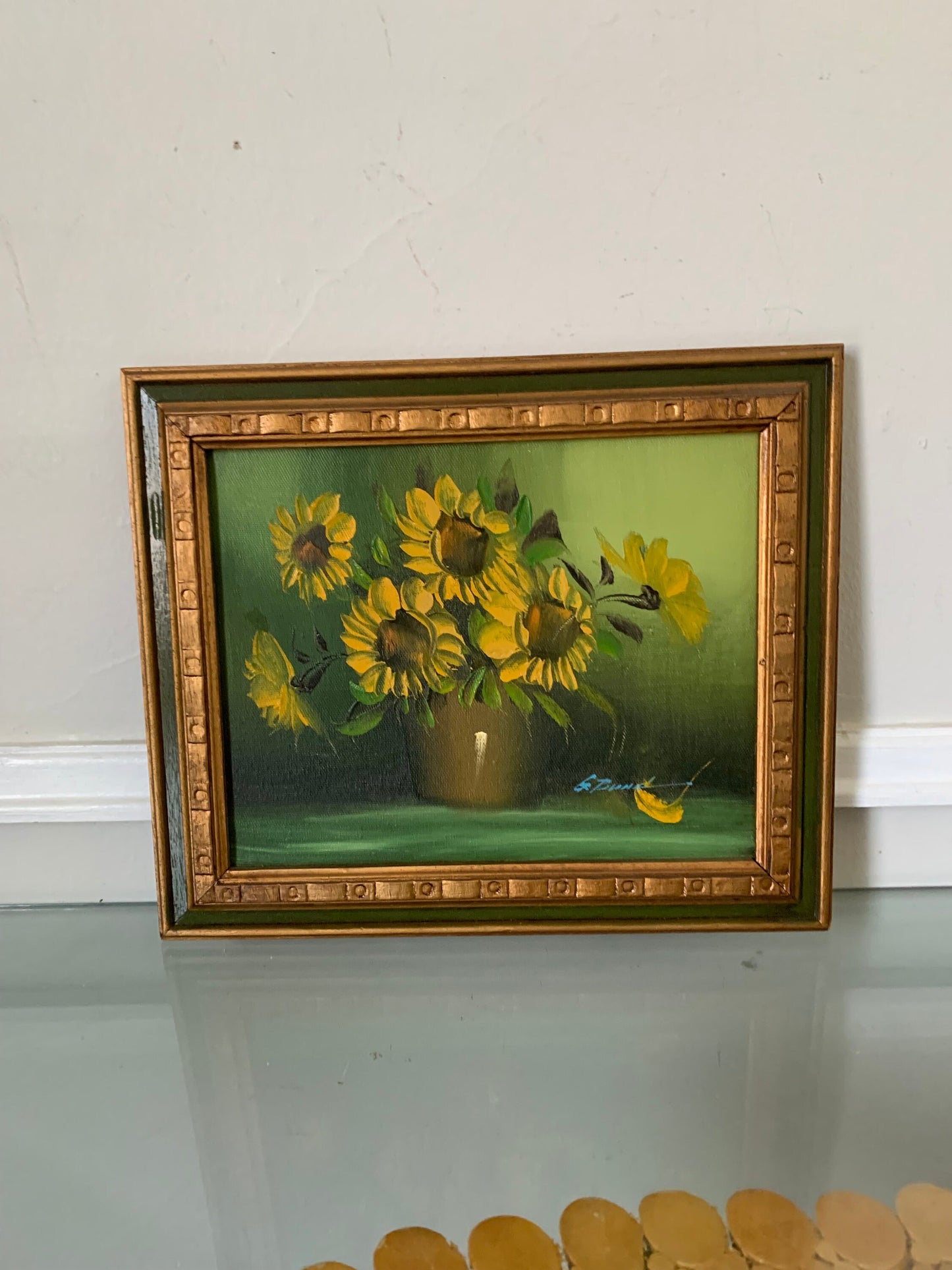 Vintage Small Sunflower Painting in Solid Wood Frame