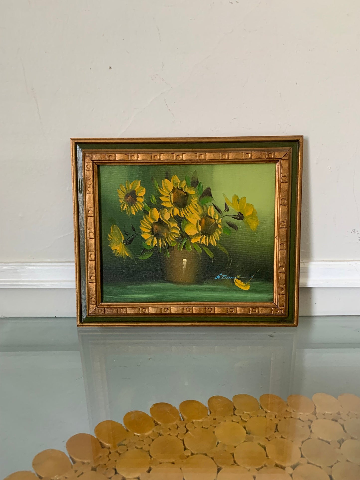 Vintage Small Sunflower Painting in Solid Wood Frame