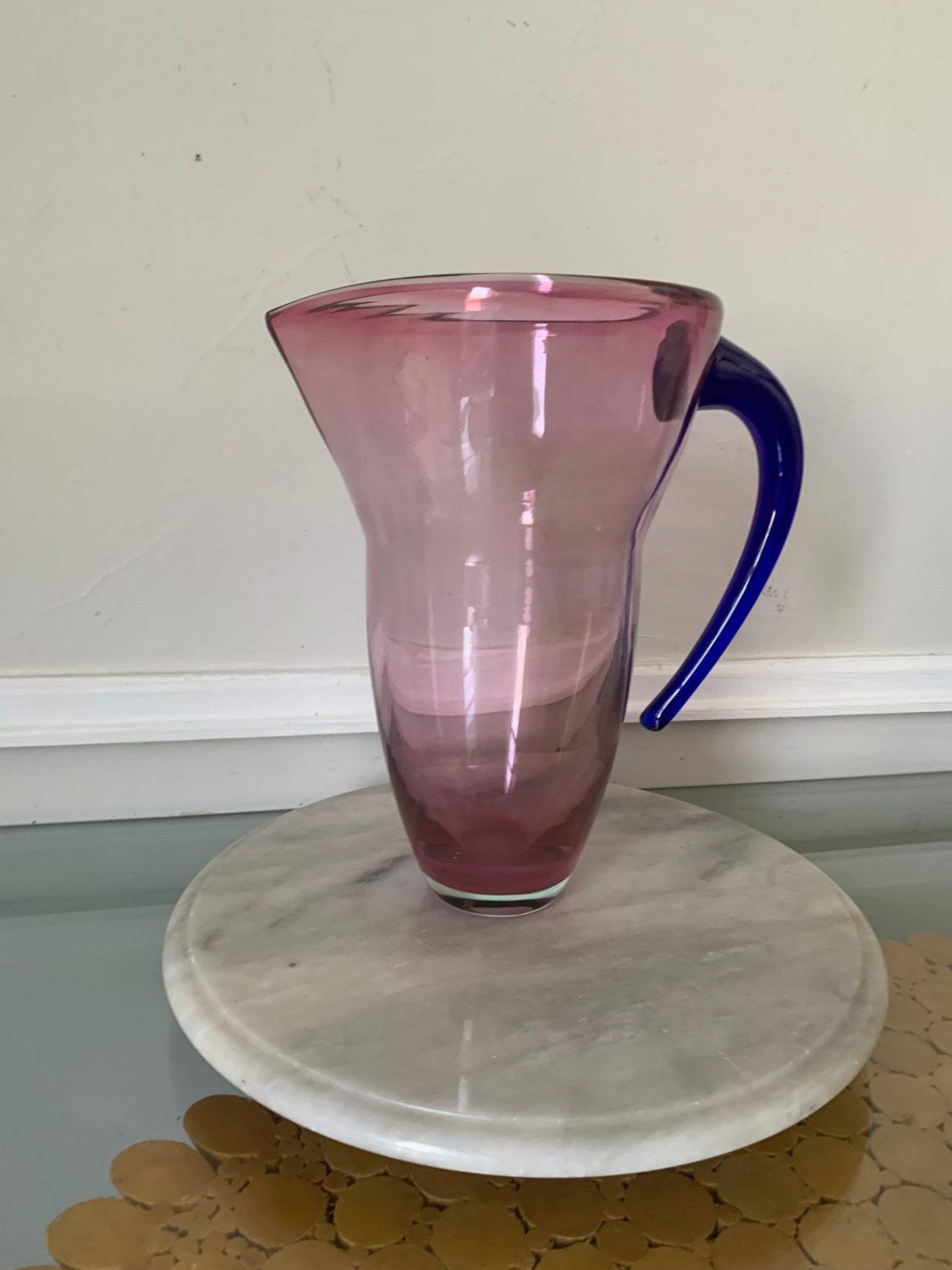 Handmade Clear Pink Glass Pitcher with Cobalt Blue Handle