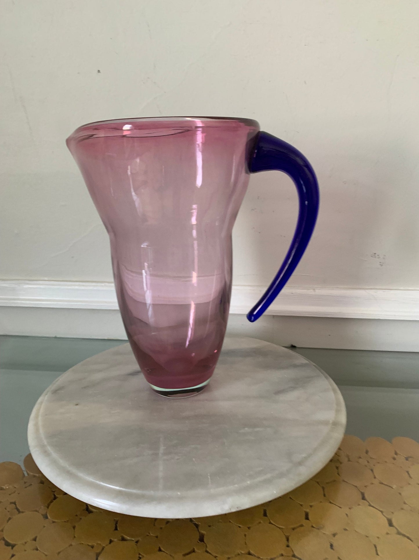 Handmade Clear Pink Glass Pitcher with Cobalt Blue Handle