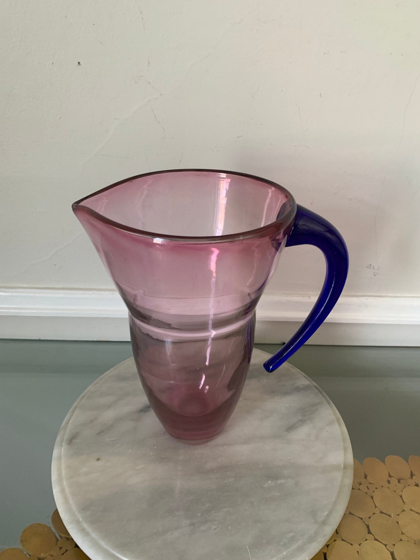 Handmade Clear Pink Glass Pitcher with Cobalt Blue Handle