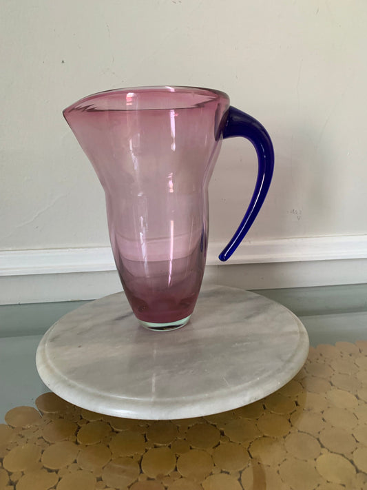 Handmade Clear Pink Glass Pitcher with Cobalt Blue Handle