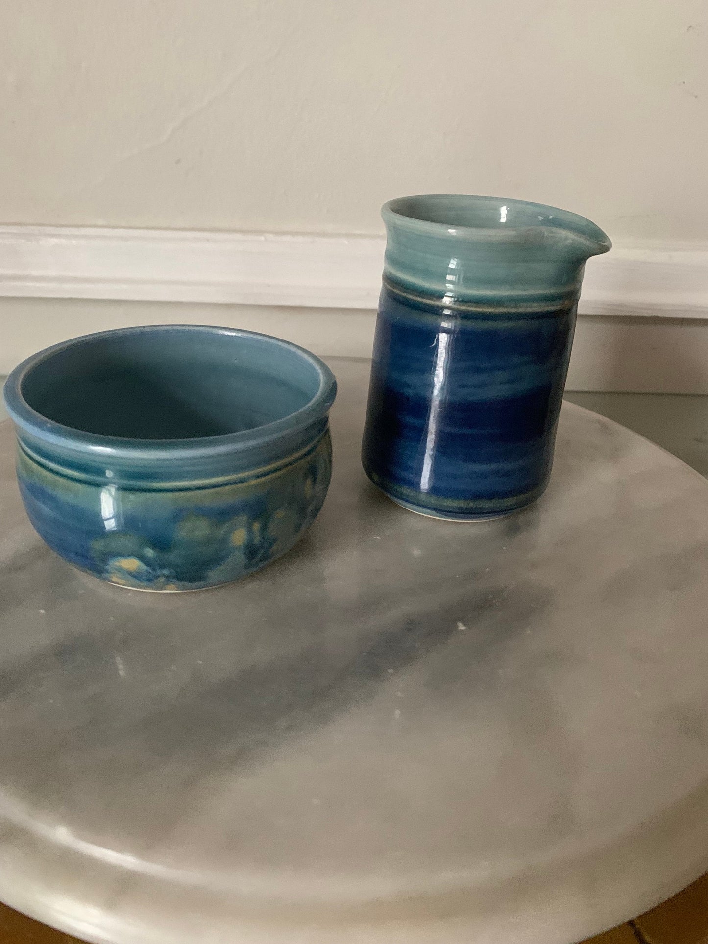 Handmade  Dark and Light Blue Pottery Cream and Sugar Set