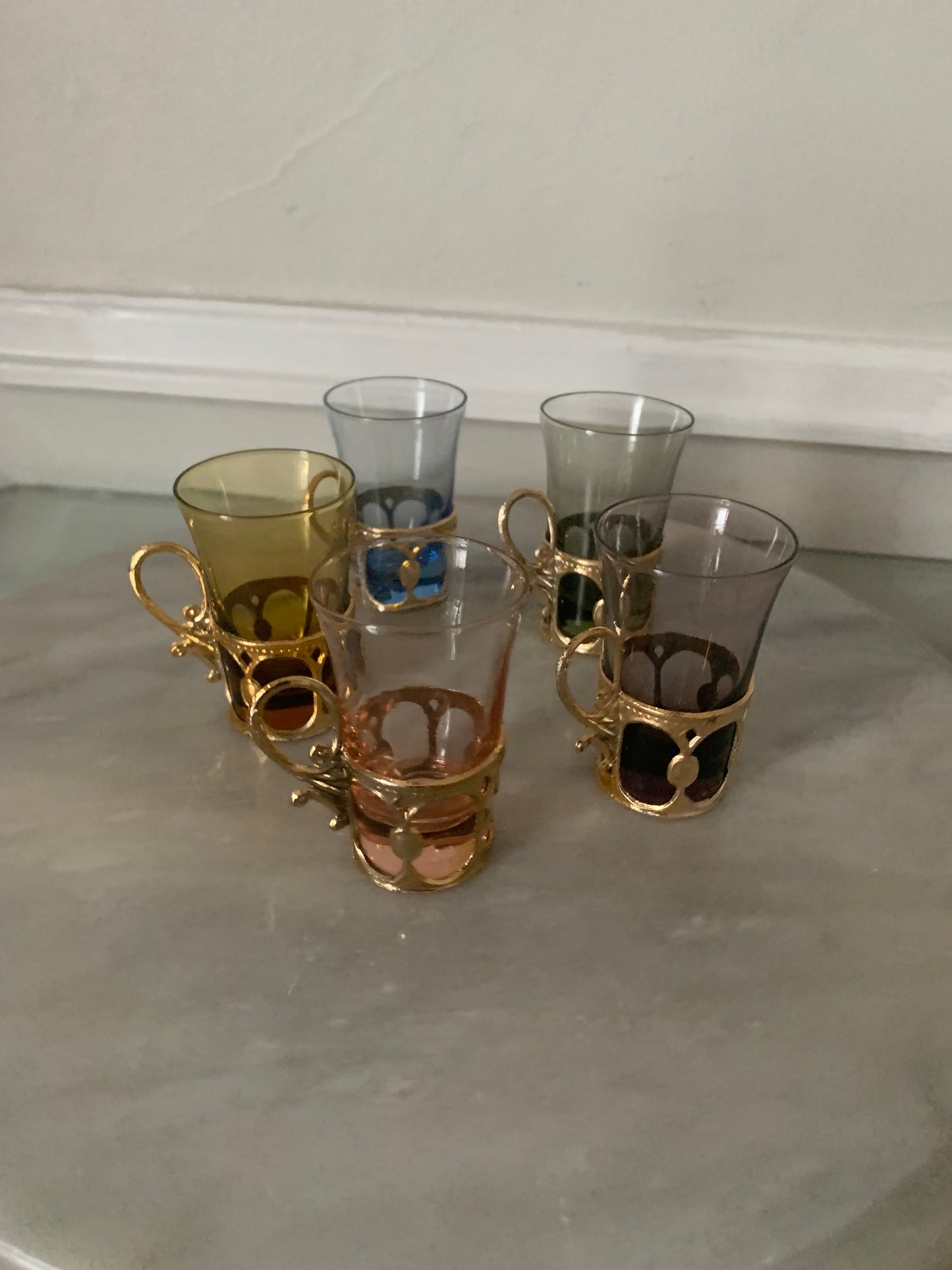 Vintage Set of 5 Short Pastel Shot Glasses with Gold Tone Handle