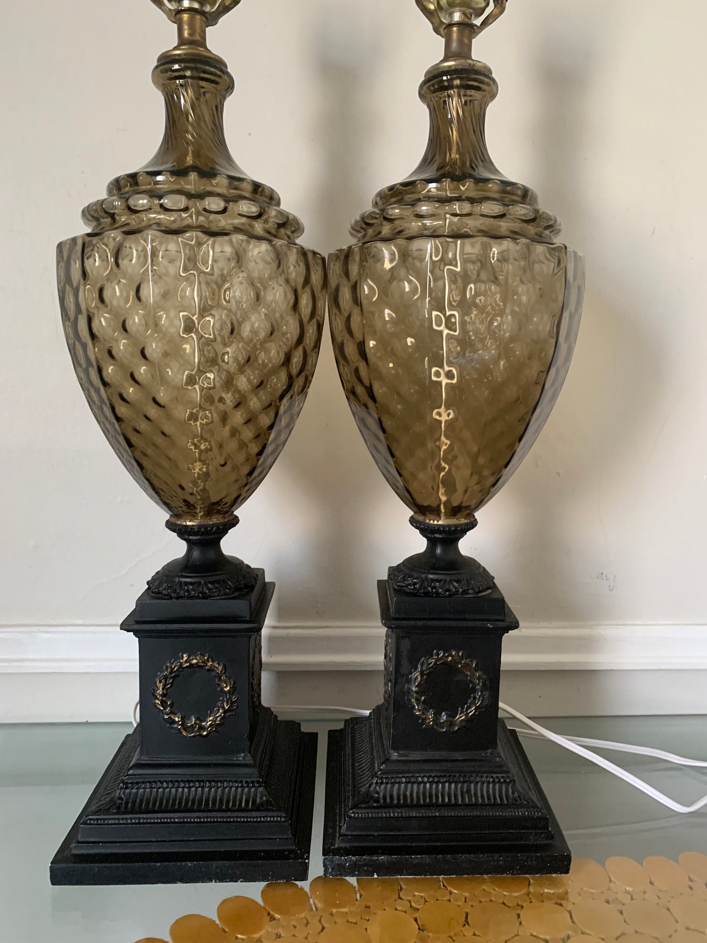 Pair of MCM Vintage Smokey Topaz Glass and Brass Table Lamps No Shades