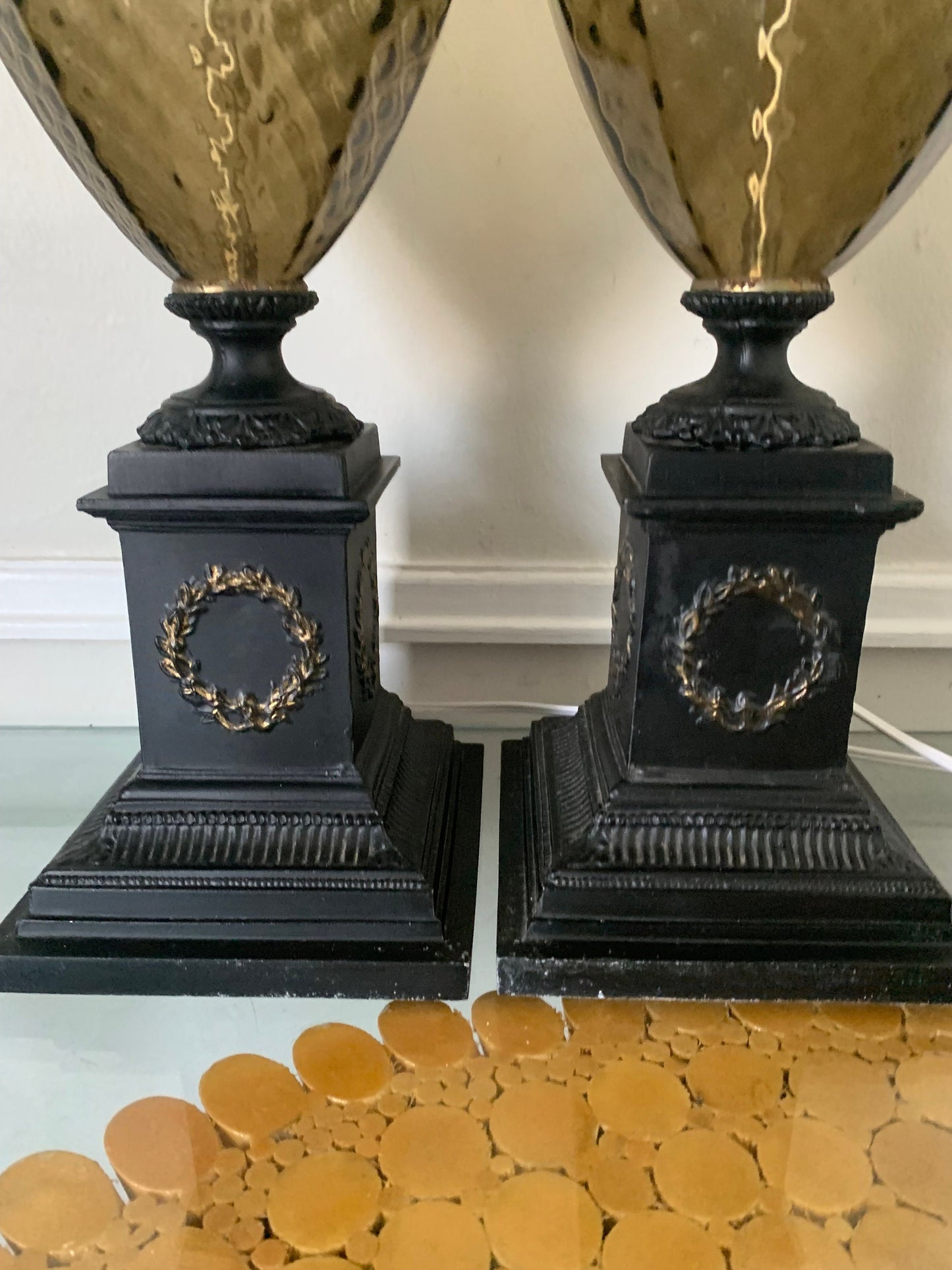 Pair of MCM Vintage Smokey Topaz Glass and Brass Table Lamps No Shades