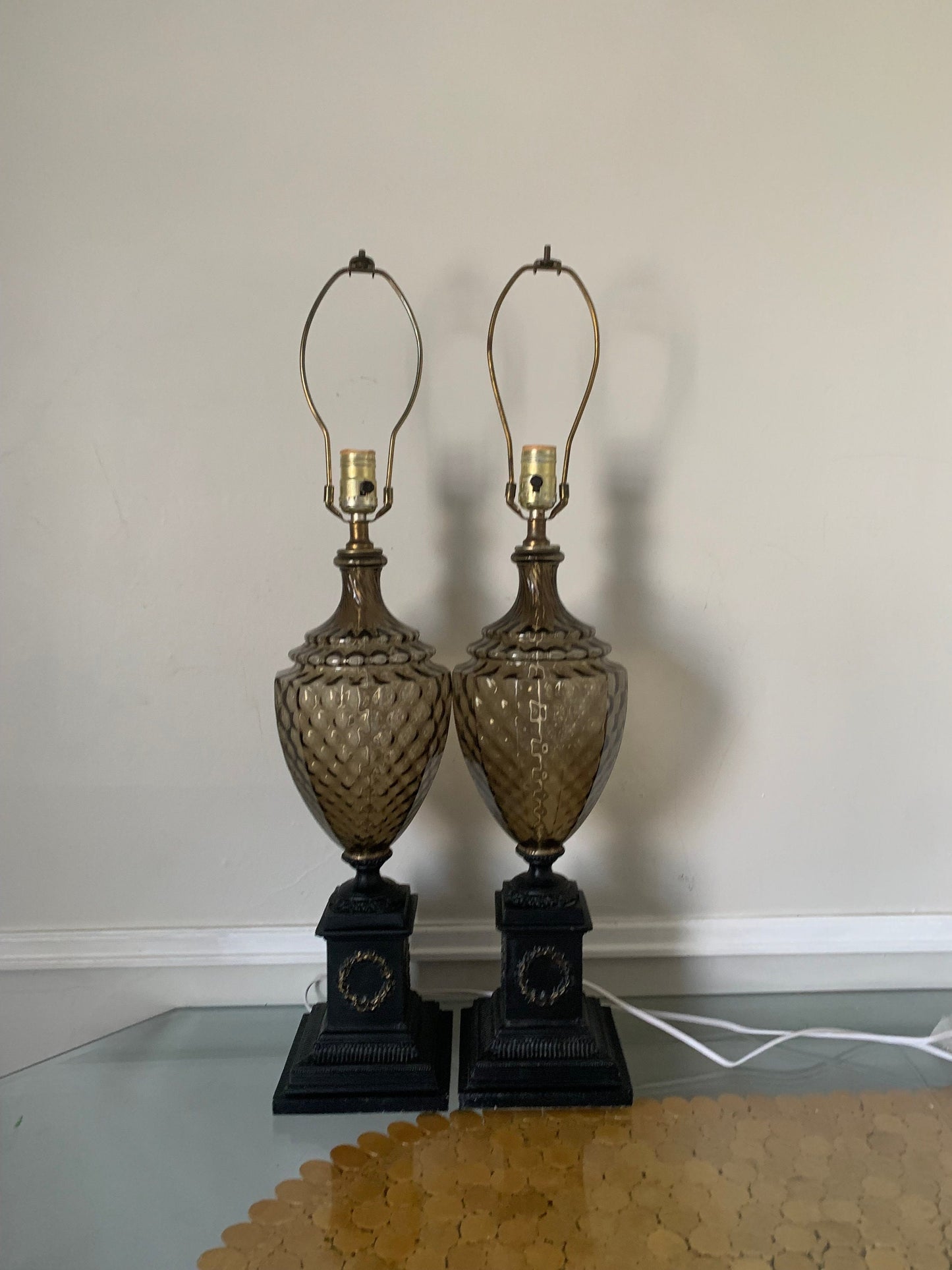 Pair of MCM Vintage Smokey Topaz Glass and Brass Table Lamps No Shades