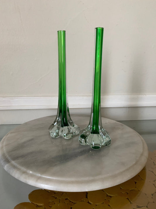 Pair of Short MCM Green Glass Stretch Vase