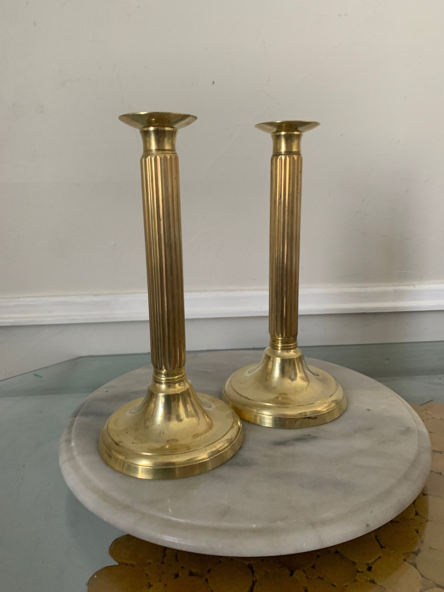 Pair of Retro Brass Column Candle Holders