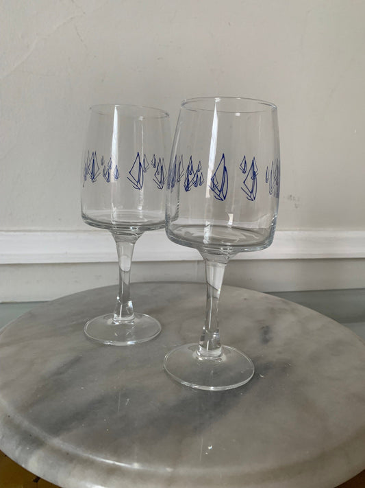 Set of 2 Vintage Blue Sailboat Wine Glasses