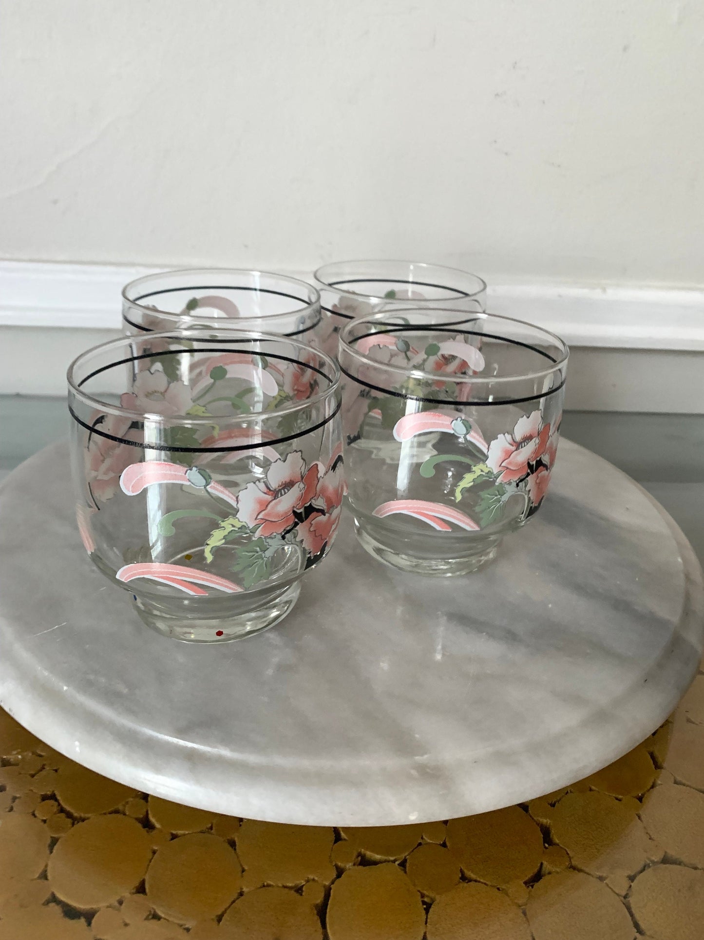 Set of 4 Short Pink Poppy Low Ball Glasses