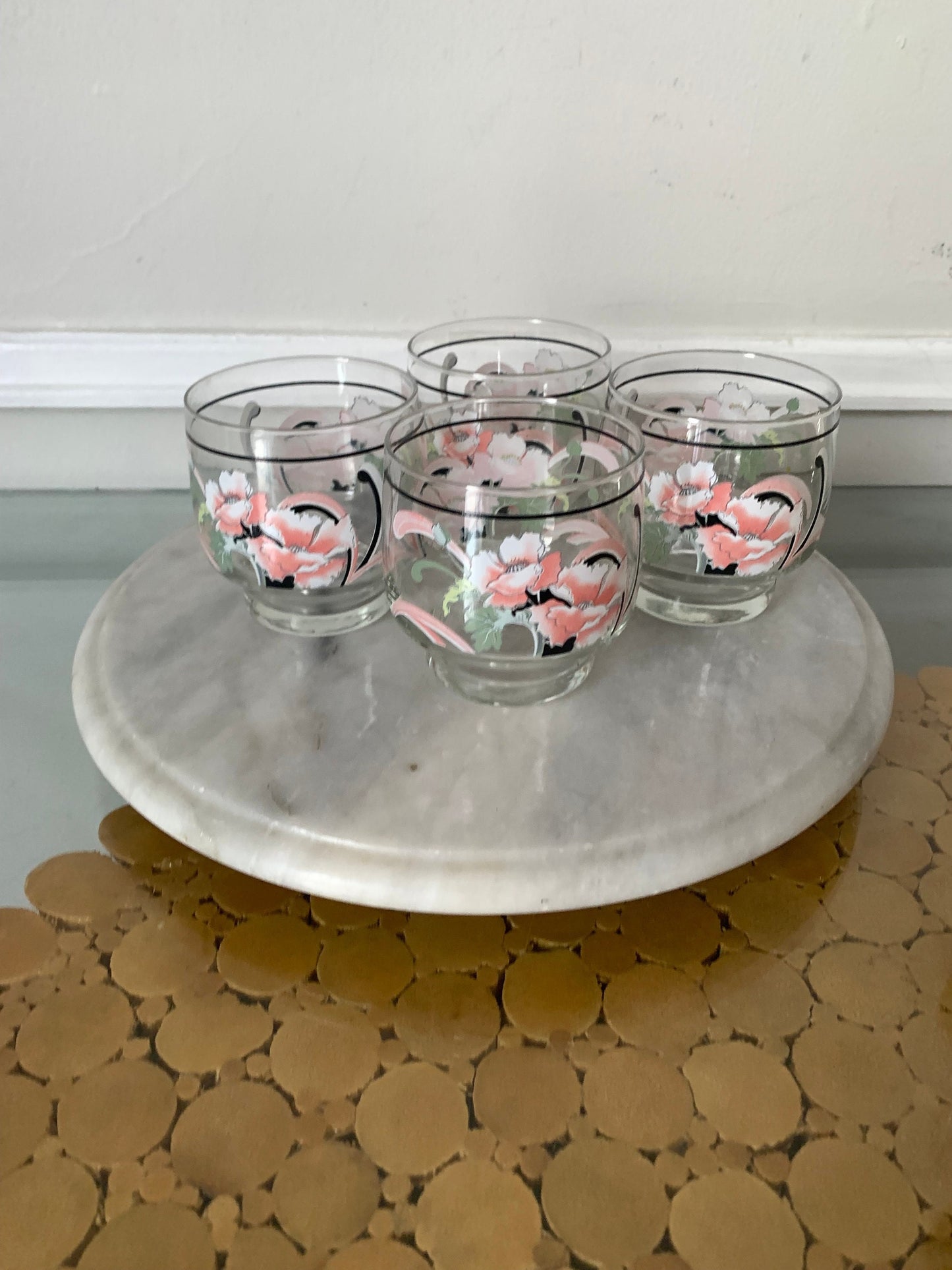 Set of 4 Short Pink Poppy Low Ball Glasses