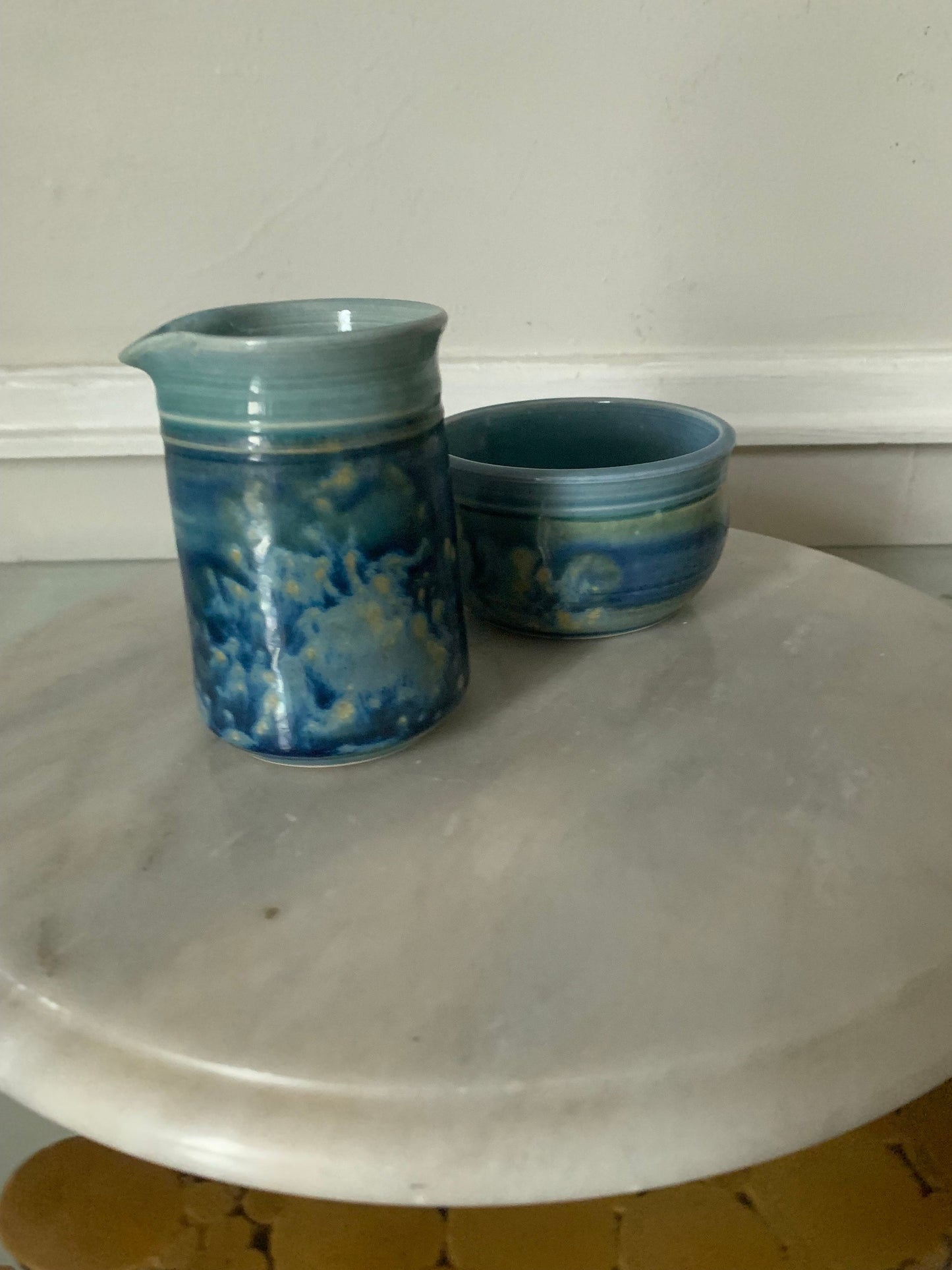 Handmade  Dark and Light Blue Pottery Cream and Sugar Set