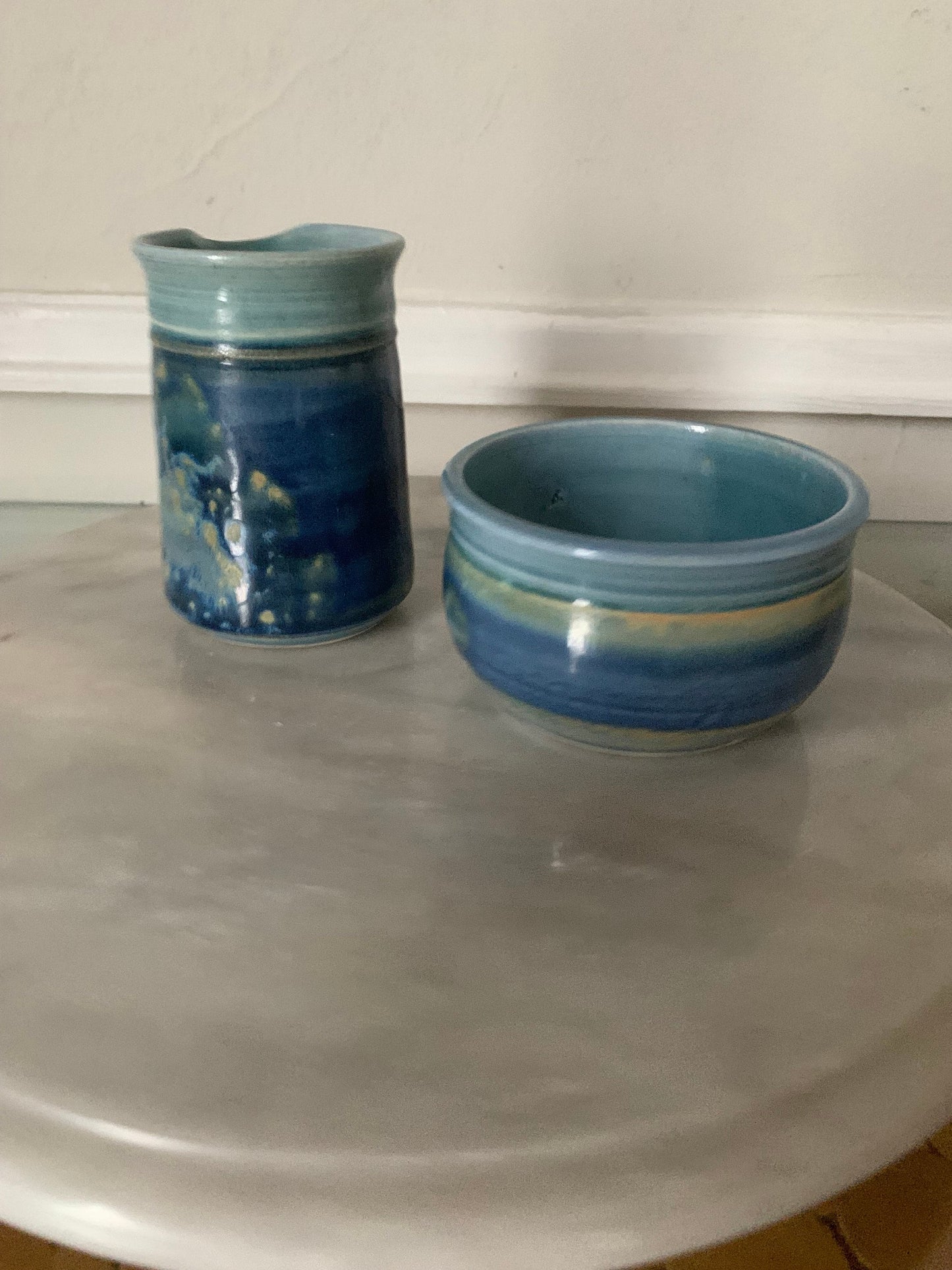 Handmade  Dark and Light Blue Pottery Cream and Sugar Set