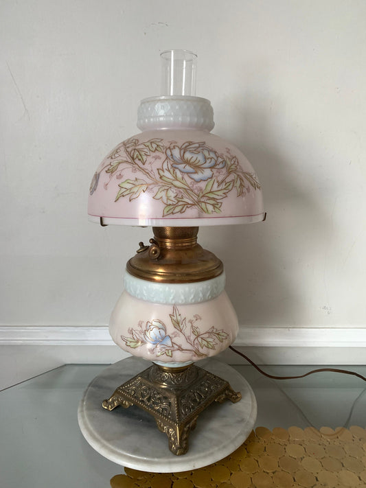 Antique Pastel Milk Glass Converted Oil Lantern Tri Light with Hurricane Shade and Brass Base