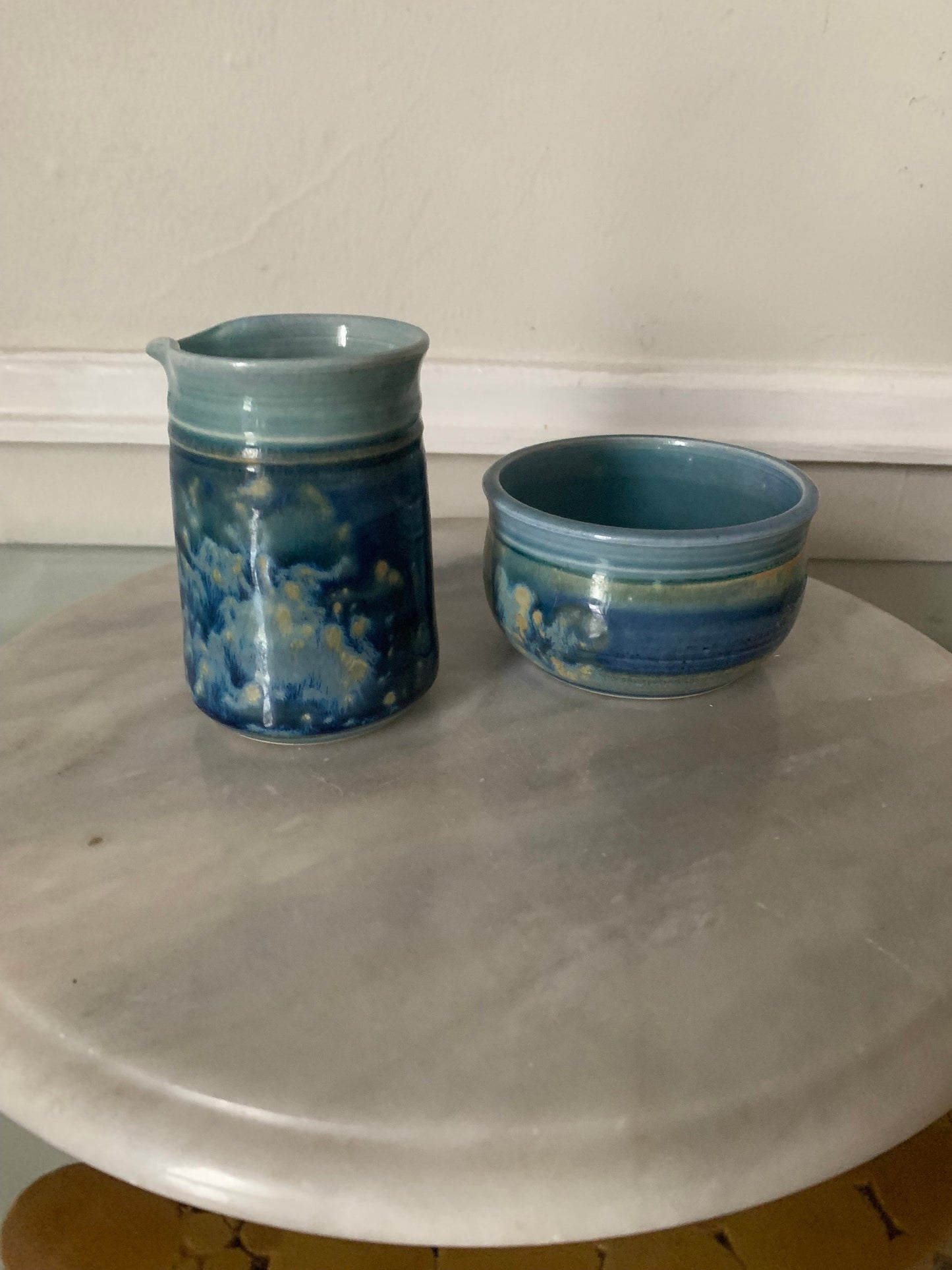 Handmade  Dark and Light Blue Pottery Cream and Sugar Set