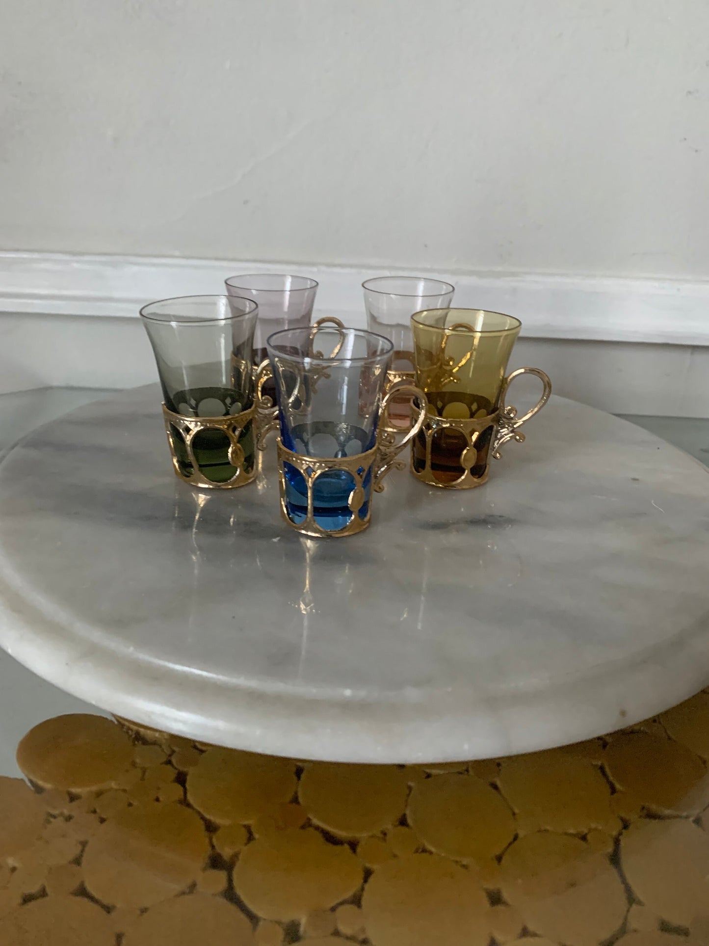 Vintage Set of 5 Short Pastel Shot Glasses with Gold Tone Handle