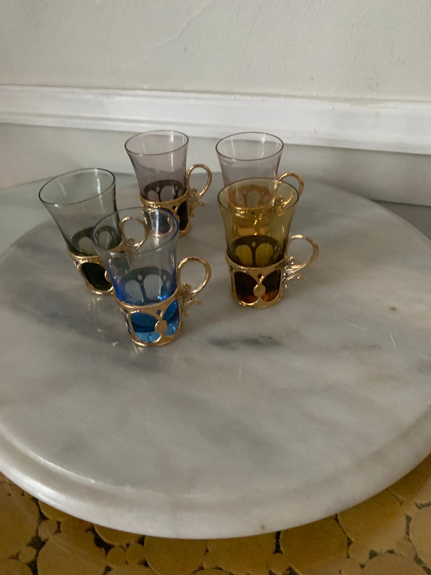 Vintage Set of 5 Short Pastel Shot Glasses with Gold Tone Handle