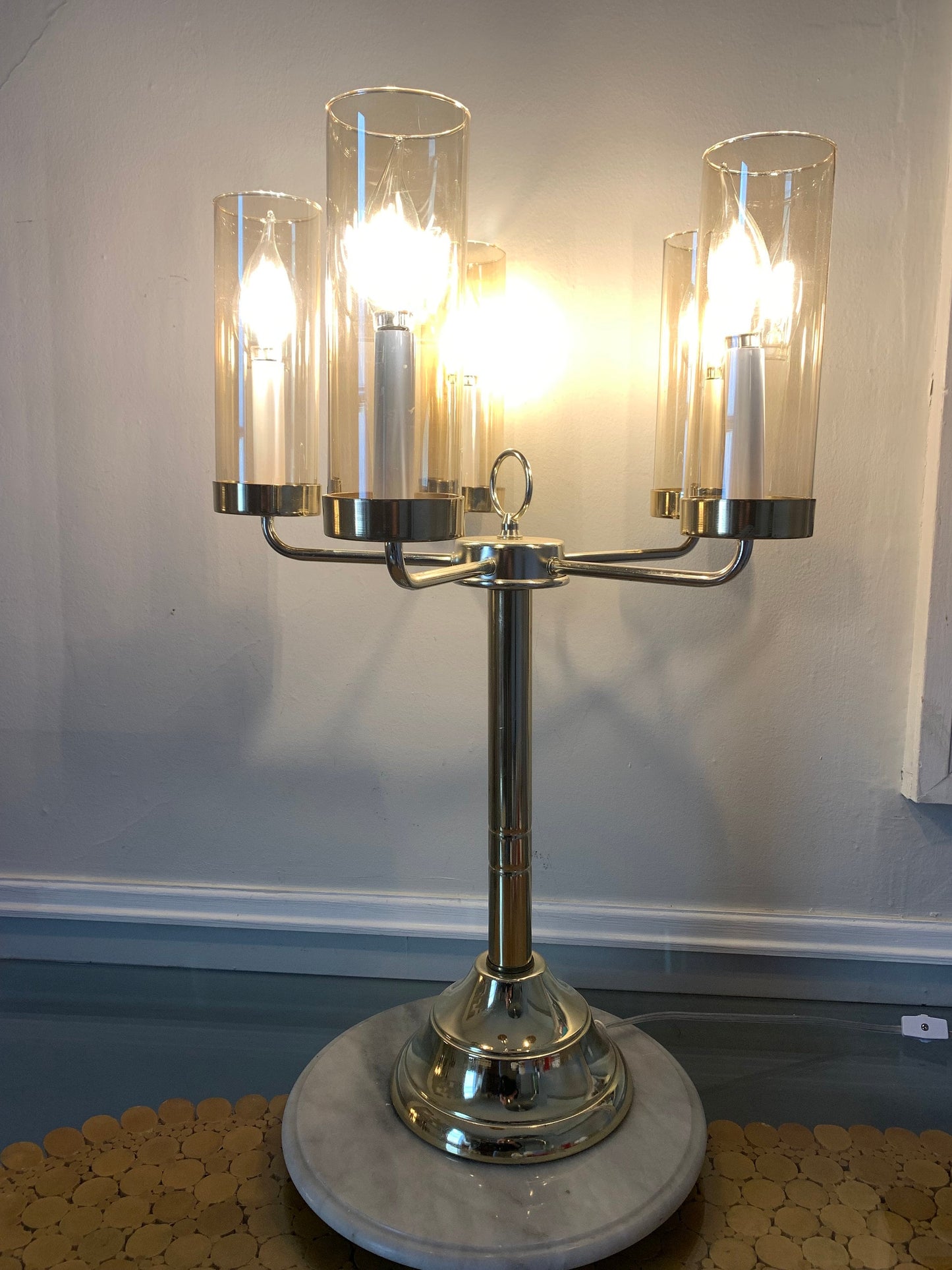 MCM 5 Arm Brass Table Lamp with Champagne Coloured Glass Shades