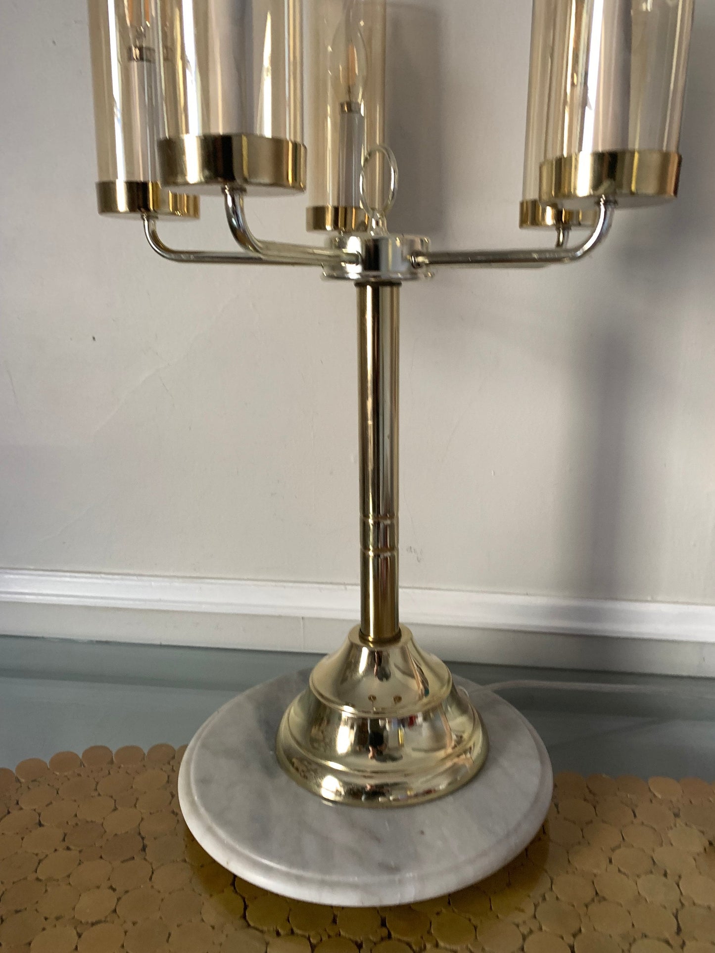 MCM 5 Arm Brass Table Lamp with Champagne Coloured Glass Shades