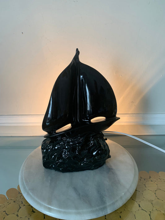 MCM Black Black Glazed Ceramic Sailboat Table Lamp
