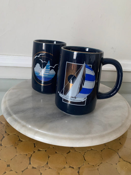 Pair of 2 Retro Cameron Blue Ceramic Sailboats Made in Japan
