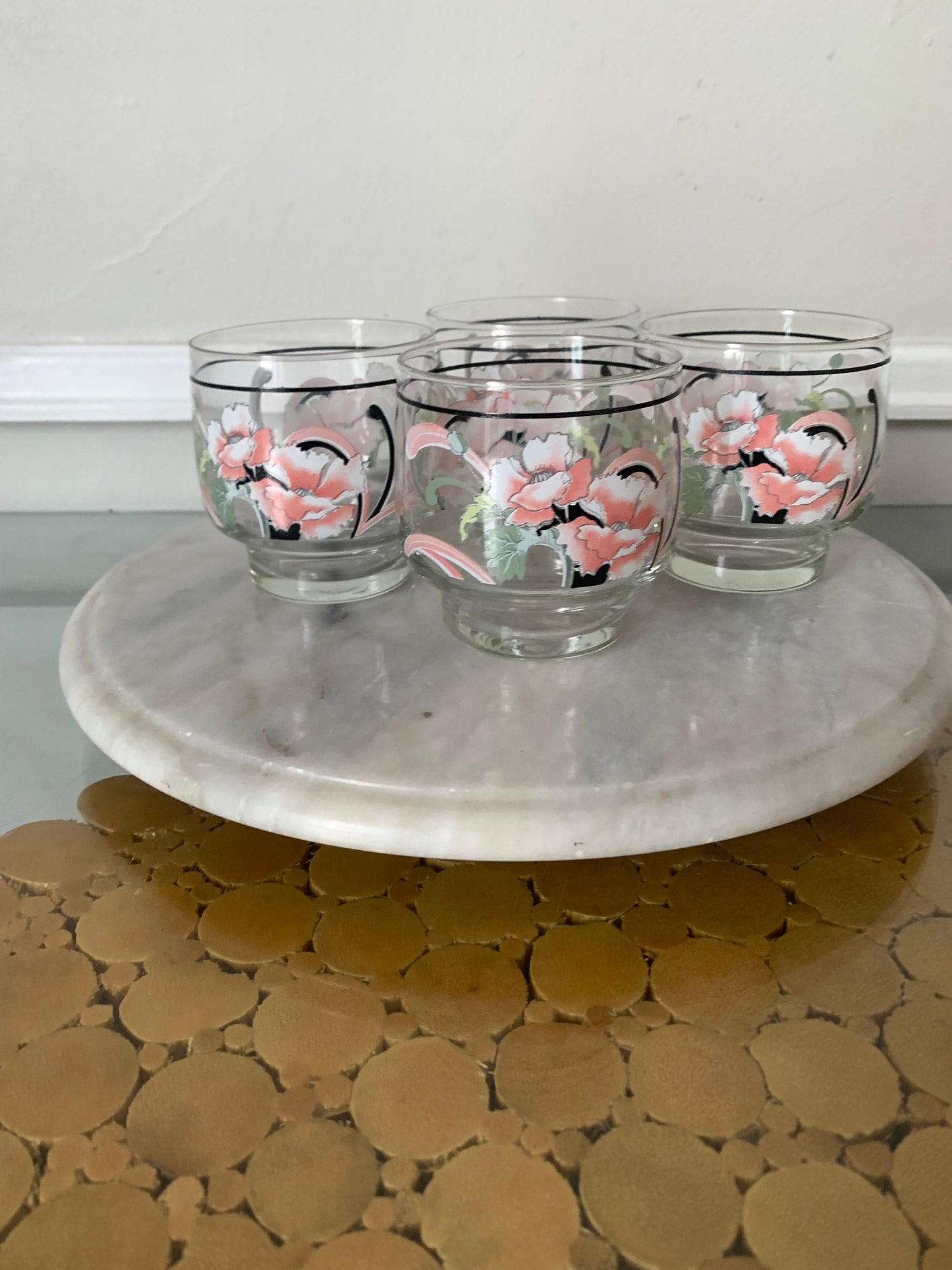 Set of 4 Short Pink Poppy Low Ball Glasses