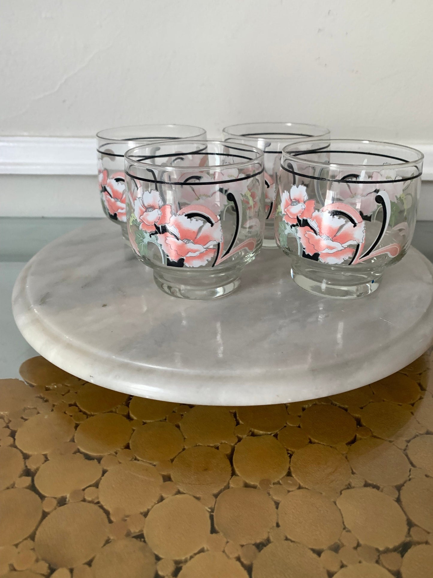 Set of 4 Short Pink Poppy Low Ball Glasses