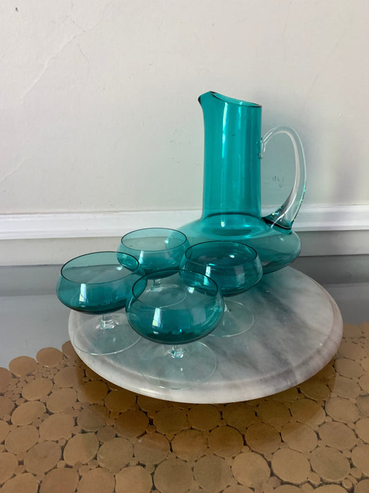 Vintage Aqua Blue Glass Decanter with 4 Matching Coupe Glasses