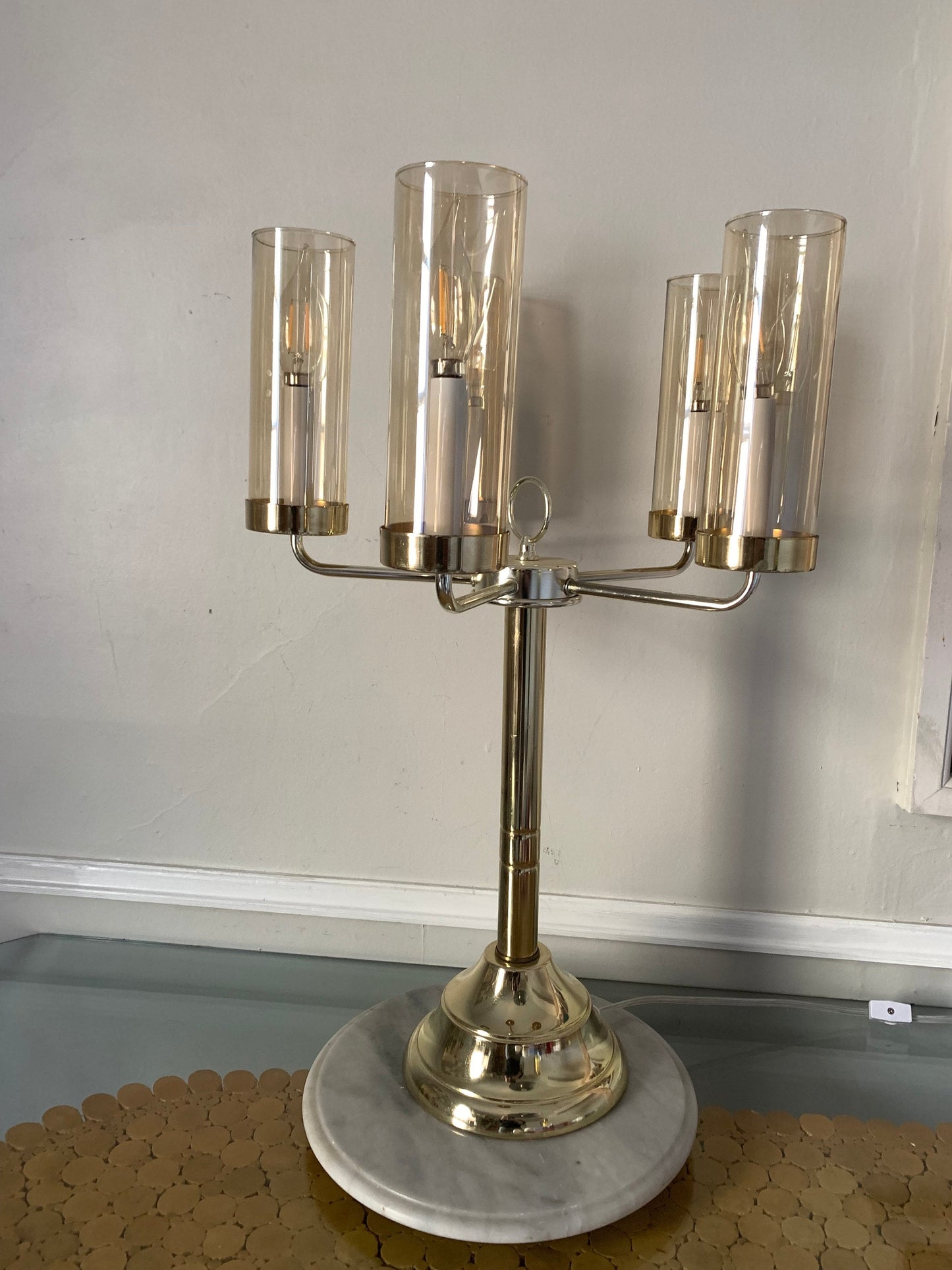 MCM 5 Arm Brass Table Lamp with Champagne Coloured Glass Shades