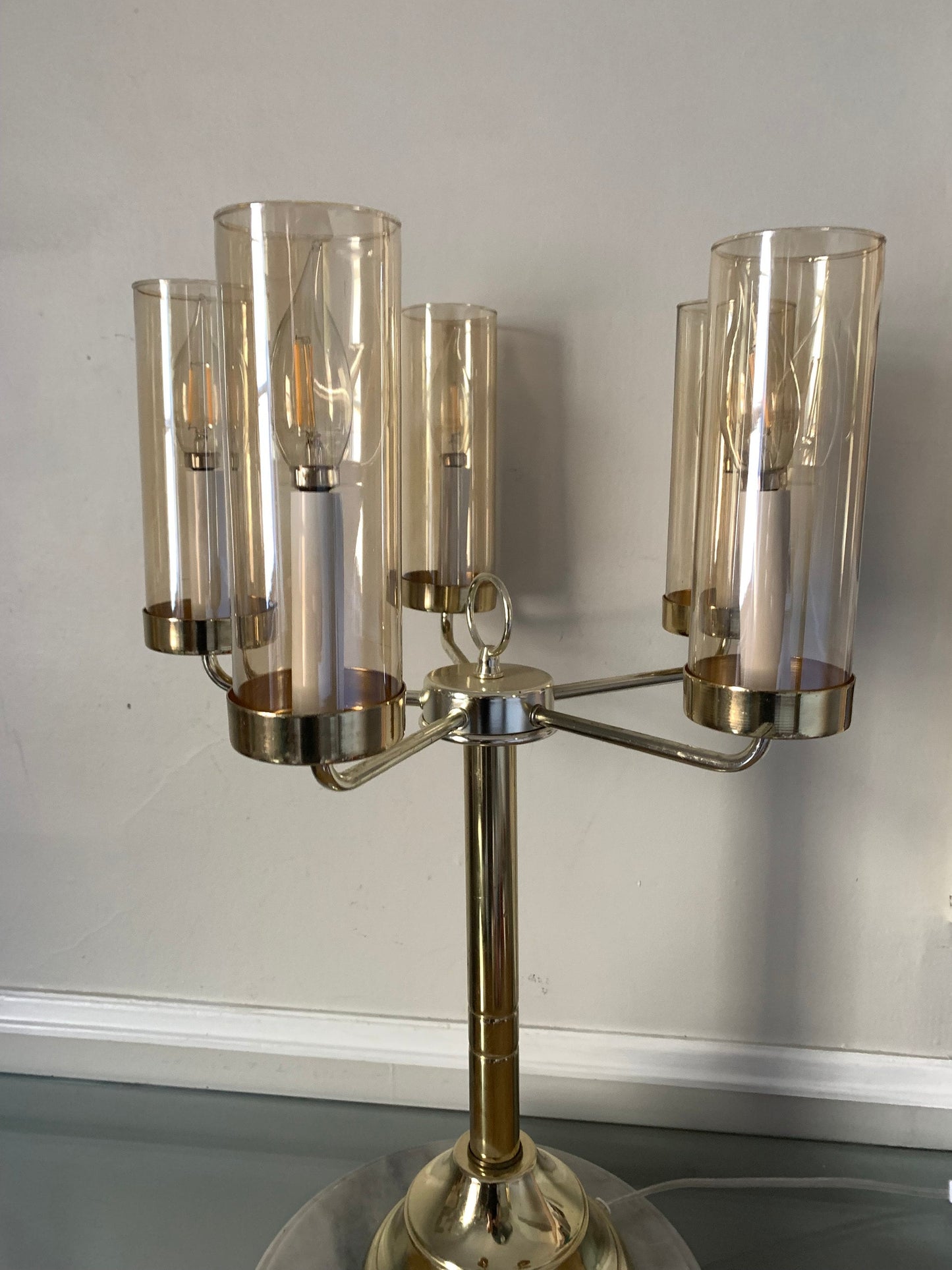 MCM 5 Arm Brass Table Lamp with Champagne Coloured Glass Shades