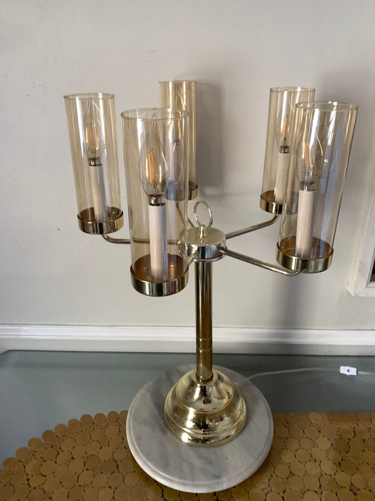 MCM 5 Arm Brass Table Lamp with Champagne Coloured Glass Shades