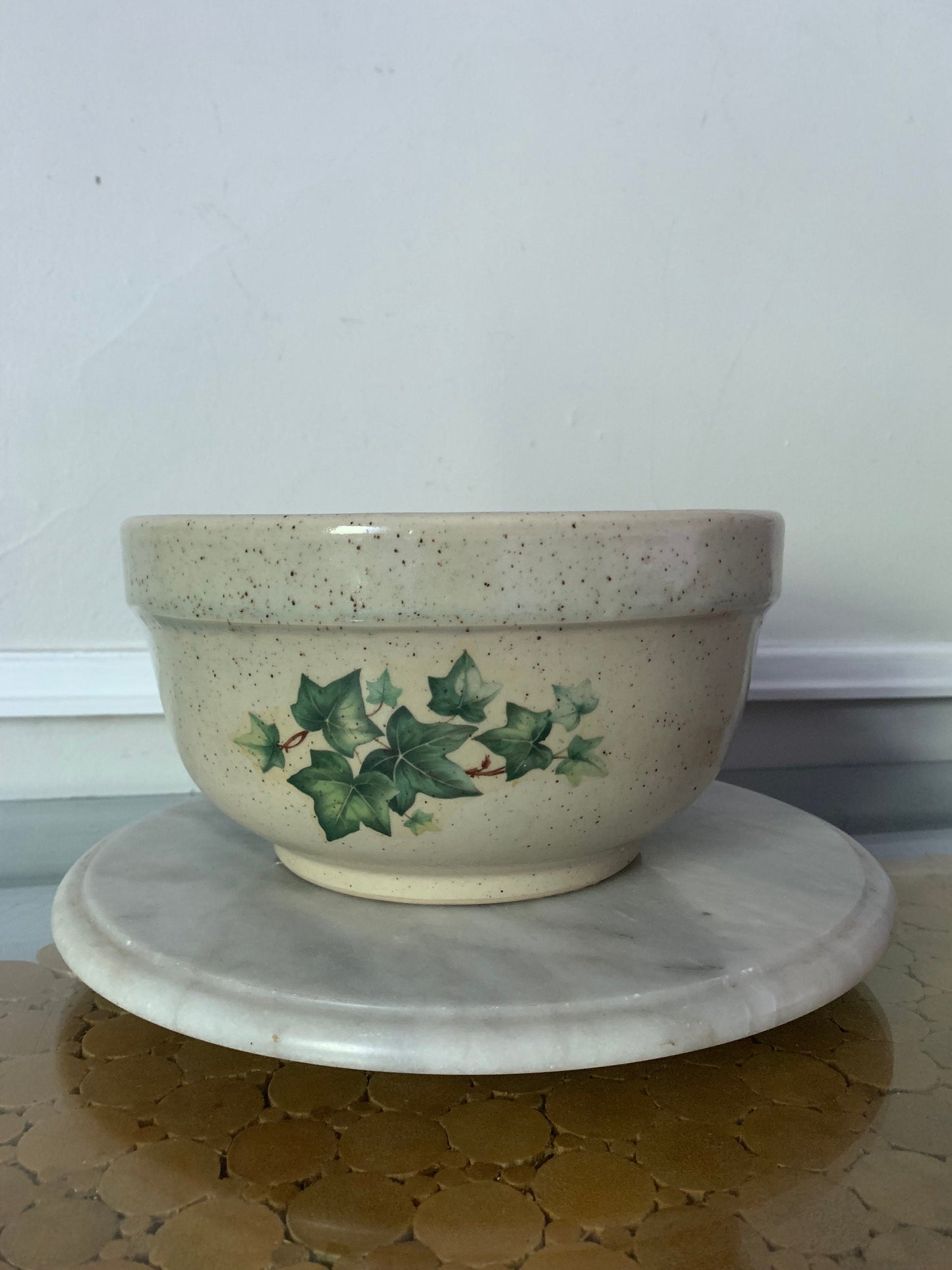 Large Vintage Speckled Pottery Bowl with Ivy