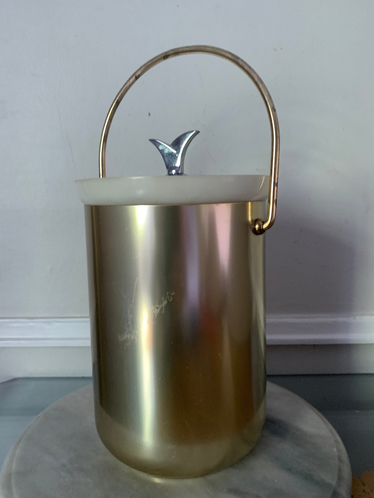 MCM Gold Tone Brushed Aluminum Ice Bucket with Silver Lid