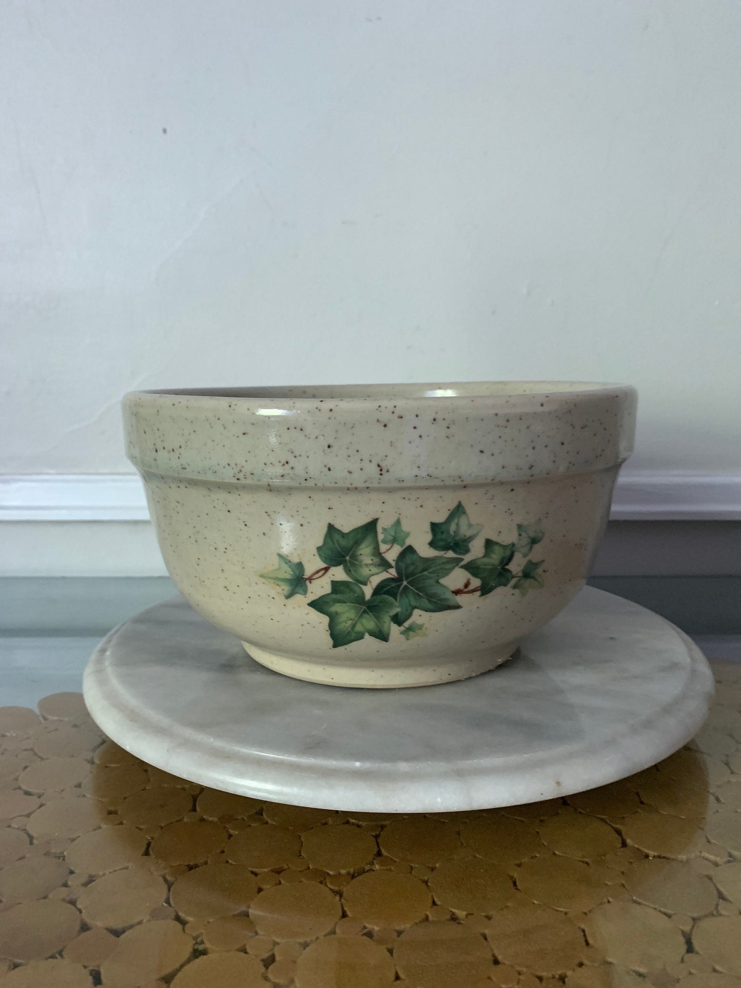 Large Vintage Speckled Pottery Bowl with Ivy