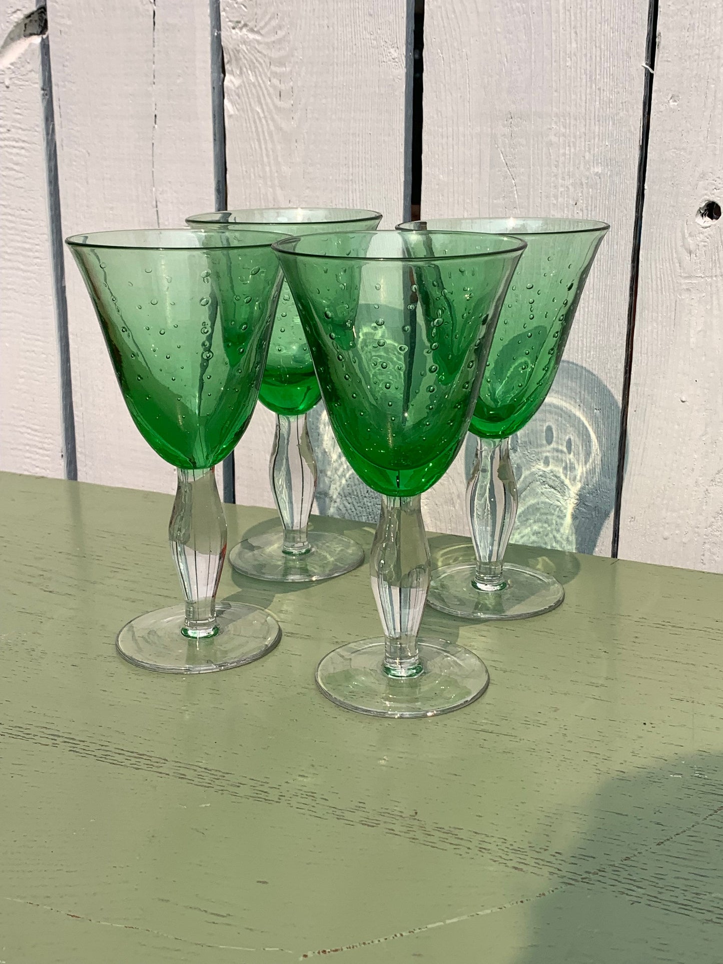 Set of 4 Retro Heavy Lime Green Bubble Glass Footed Wine Glasses